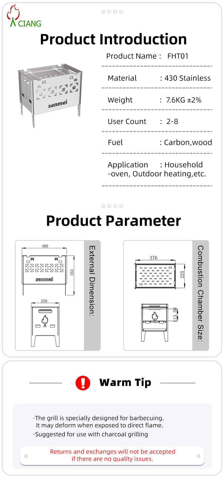 Stainless steel outdoor barbecue grill FHT01