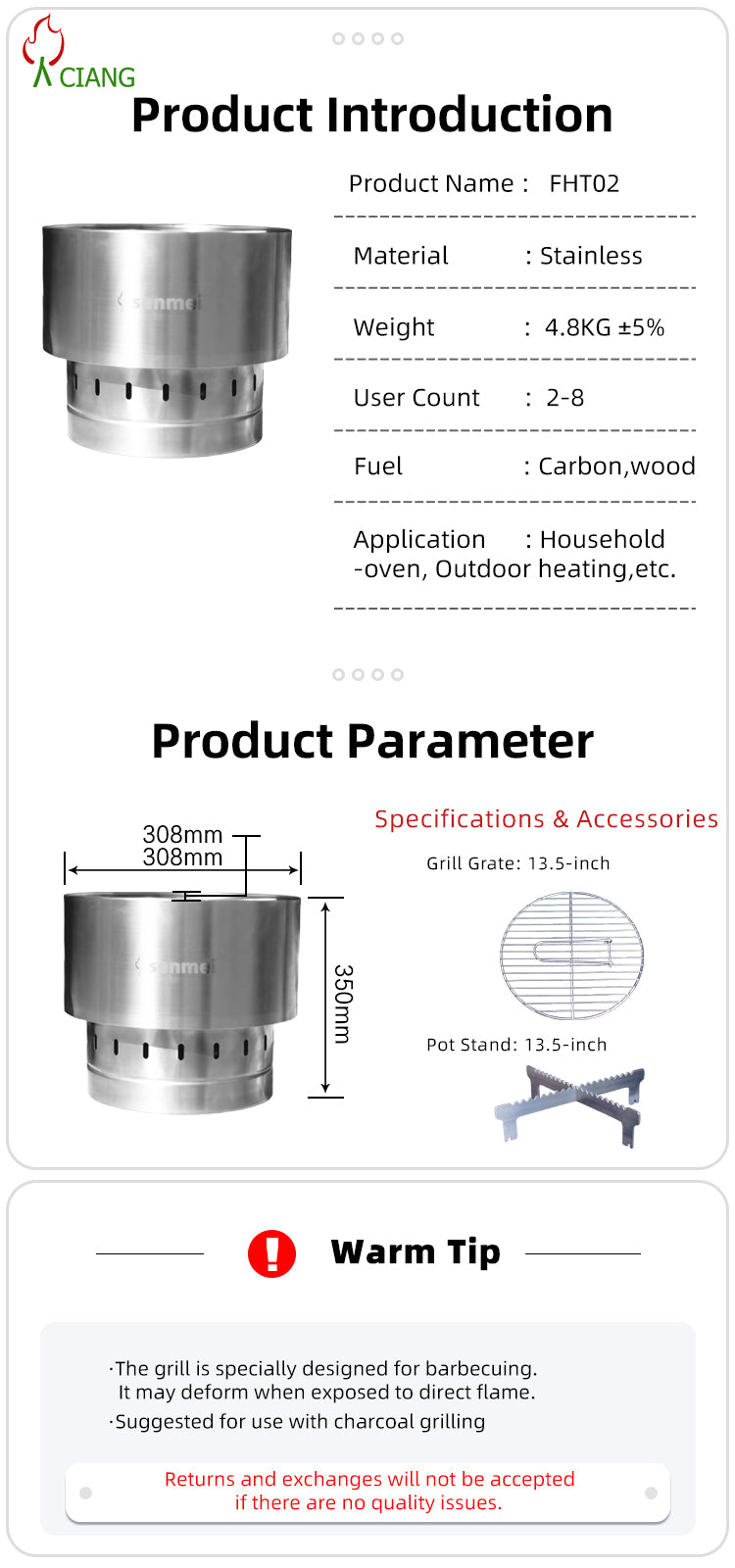 Stainless steel outdoor barbecue grill FHT02